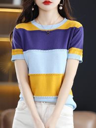 Dames truien Tuangbiang 2022 Eyelet BIUE ROZE STRIPED KATTE KNICT T-shirts Hollow Out Women Short Sleeve pullovers elastisch patchwork