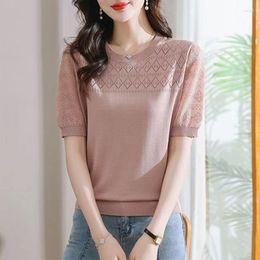 Chandails pour femmes TuangBiang femme été élégant Sexy fleur 2023 évider col rond tricoté manches courtes T-Shirts femmes automne mince lâche