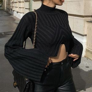 Pulls pour femmes Pull à col roulé en tricot Femmes Solide Basic Découpe Crop Pulls Automne Printemps Mode Élégant Lady Long Flare Sleeve Clubw