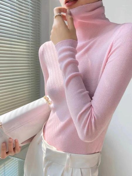 Pulls pour femmes col roulé Slim tricot pulls à manches longues haut col haut pull solide rose mode coréenne pulls pour femmes