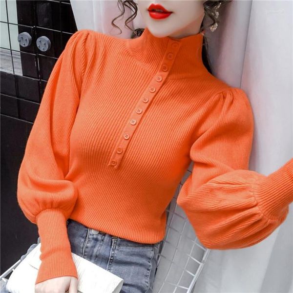 Suéteres de mujer Suéter de cuello alto Mujer 2023 Mangas de linterna de un solo pecho Jersey de manga larga de color sólido
