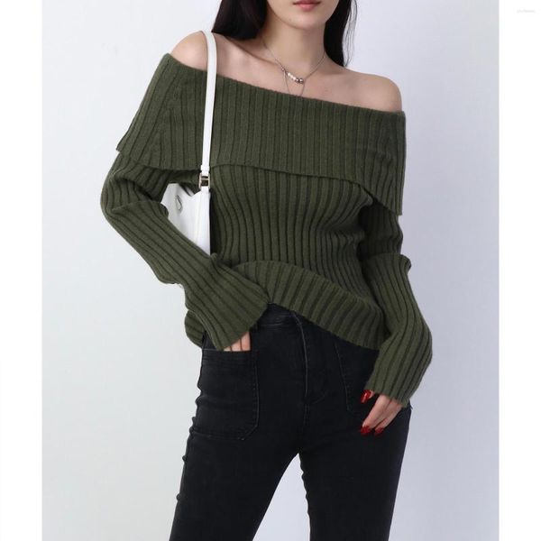 Pulls pour femmes TVVOVVIN pur Sexy grand revers épaule bande à manches longues pull ample maigre femme hauts mode femmes 7B1V