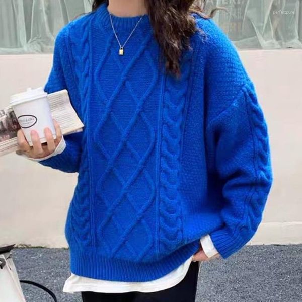 Sweaters de mujeres Twist Knited Sweater Mujeres Mujeres Vestidos Autumn Invierno Blue Blue Guente gruesa Blanca Crochet White Y2K E-Girl Jumper