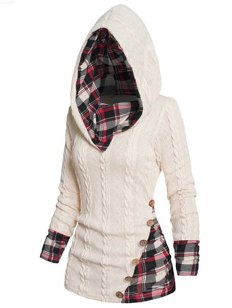 Pulls pour femmes Twisted Cable Knit Plaid Print Hooded Sweater Mock Button Ruched Shl Neck Sweater L230718