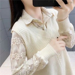 Pulls pour femmes deux pièces pull gilet printemps automne coréen tricoté mode à manches longues dentelle bas petit haut S-4XL