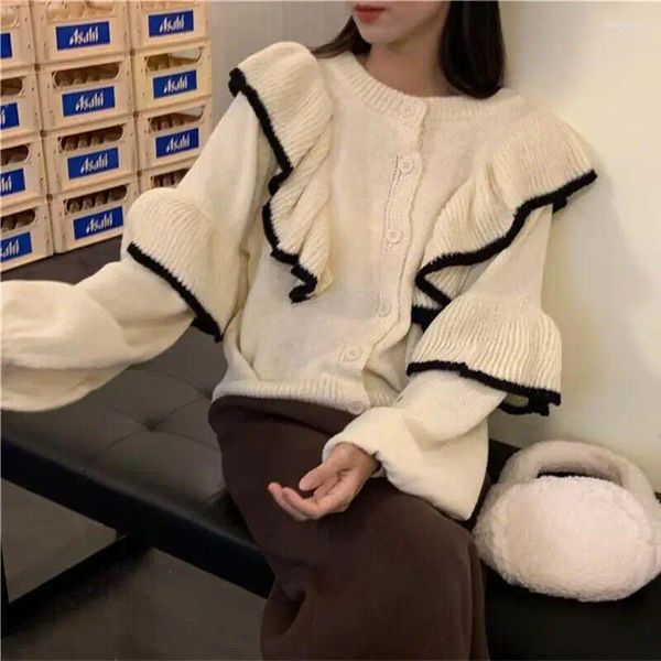 Suéteres de mujer Ropa de dos caras Coreano O-cuello empalmado Volantes Punto Jersey Suéter Mujer Moda Suelta Ropa de manga larga Casual Top