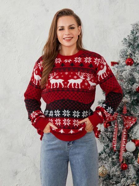 Pulls pour femmes Pull de Noël unisexe Hiver Chaud Couples Pulls en tricot à manches longues Col rond Motif de renne Pulls classiques