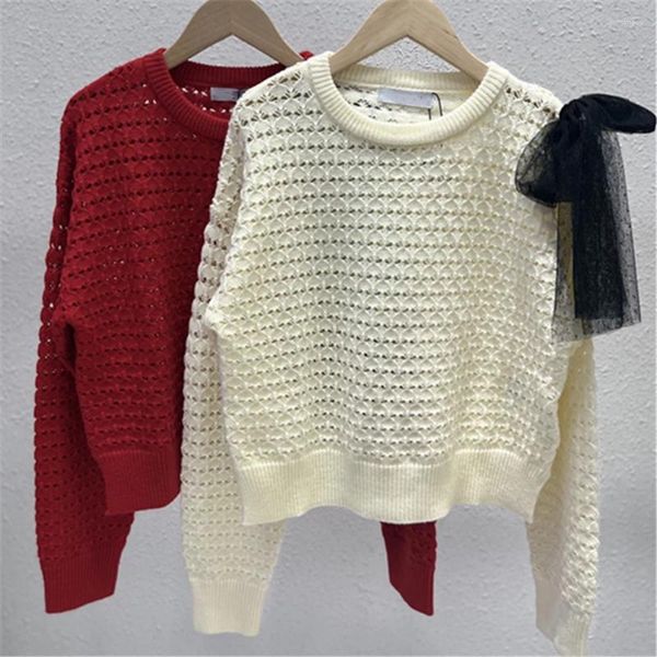 Pulls pour femmes V Pull en cachemire mélangé pour femmes Mesh Bow Noeud à manches longues Tricot 2024 Automne Luxe Designer Knitwear Jumper