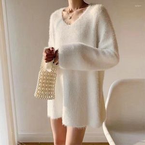 Pulls pour femmes Col en V Tricot Y2K Crochet Pull tricoté Femmes Fourrure Top E-Girl Pulls Coréen Printemps Automne Hiver Jumper Sueter