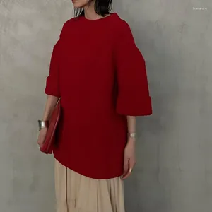 Damestruien Verlena ronde hals halve mouw 70% wol rode gebreide trui dames tops 2024 Japan mode herfst losse rechte trui