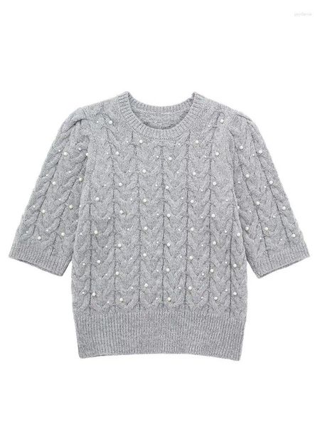 Sweaters femeninos versátiles de perla artificial embellecida suéter de punto Mujeres tres cuartos en el cuello de ojo Elegante Elegante Mujer 2024 Spring Lady