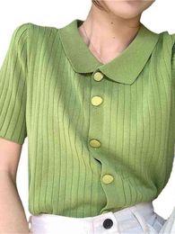 Pulls pour femmes gilet femmes solide à manches courtes tricoté col rabattu été décontracté AllMatch hauts Slim bouton Up denten style coréen J220915