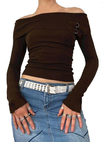 Pulls pour femmes Vintage Brown Automne Pull chaud Pull côtelé Tops Sexy Hors épaule à manches longues Slim Knit Cropped Pull au crochet