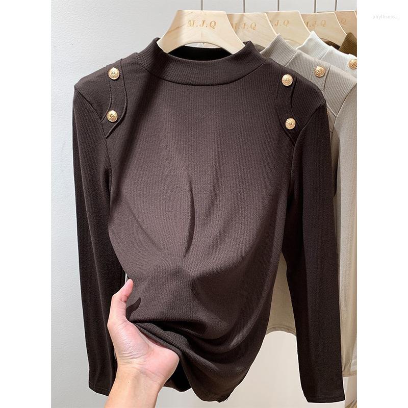 Kadın Sweaters Vintage Koyu Kahverengi Mock Boyun Zarif Kintted Gömlek Kadın Ofis Lady Slim Long Sleever Kore Moda Kış Temel