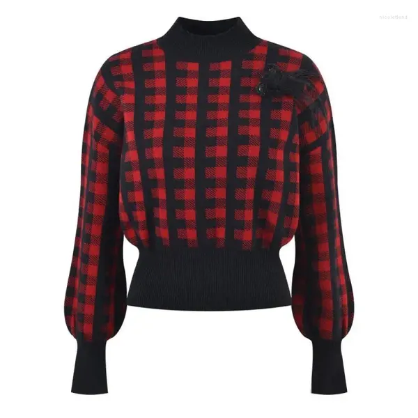 Pulls pour femmes Vintage Mode Demi Col Haut Rouge Plaid Pulls Tricots Swan Plume Perle Tricot Slim Pull Top Pulls d'hiver