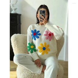 Frauen Pullover Vintage Blume Stickerei Pullover Frauen Lose Lange Hülse O-ansatz Gestrickte Pullover 2024 Herbst Weibliche Dicke Casual