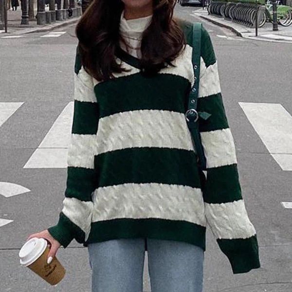 Pulls pour femmes Vintage Green Stripe Twist V-Col V-Cou Pull Femmes Automne Hiver Pulls à manches longues British College Jumper 2023