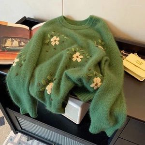 Pulls pour femmes Vintage vert pull 2023 automne hiver style paresseux doux gluant fleur broderie haut épais chaud tricots pull