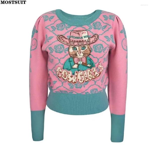 Pulls pour femmes Vintage Jacquard Cartoon Pull brodé Pull Femmes Élégant Chic Mode Dames Tops Tricots À Manches Longues O-Cou