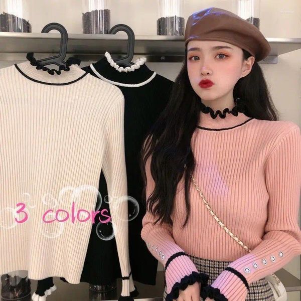 Suéteres de mujer Vintage Pull Femme Stand cuello borde contraste Color Patchwork Jumpers manga larga Chic botones suéter