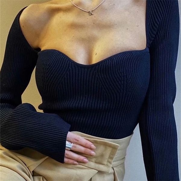 Pulls pour femmes Vintage Sqaure Neck manches longues haut en tricot mode coréenne blanc pull noir femmes hors épaule tricoté chemisier d'hiver 220906