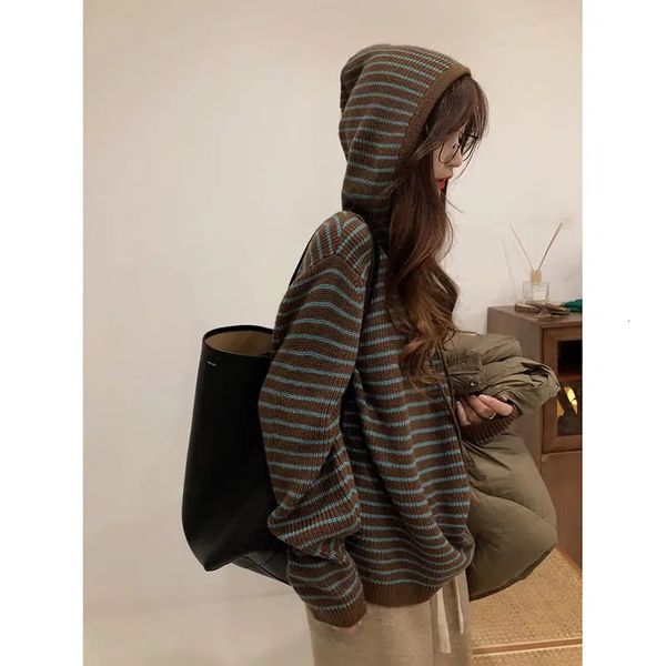 Pulls pour femmes Vintage rayé marron pull femmes Harajuku style coréen hauts en tricot sweats à capuche surdimensionné décontracté femme manches longues pull pull 231026
