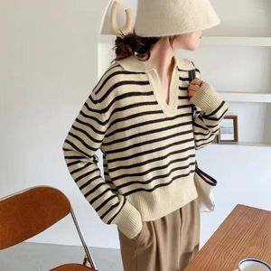 Dames truien vintage sueter mujer mode voor vrouwen v-neck lange mouw gestreepte jumper pull femme losse casual Koreaanse gebreide pullover
