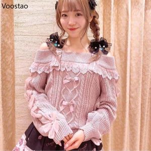 Suéteres de mujer Vintage dulce estilo Lolita Jersey de punto otoño niñas lindo fuera del hombro encaje volantes arco suéter mujeres Harajuku prendas de punto
