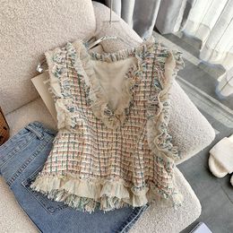 Pulls pour femmes Vintage Tweed Gilet Slim Crop Tops Automne Colete Feminino Col V Tricoté Plaid Gilet Pull Gilet Français Blouse À Volants 230822