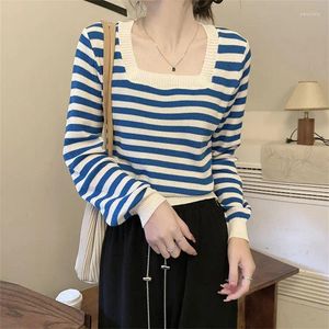 Vrouwen Truien Vintage Vrouwen T-shirts Kleding Meisje Tee Mode Koreaanse Stijl Streetwear Vierkante Kraag Gestreepte Lange Mouw Vrouwelijke Harajuku