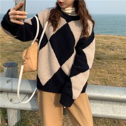 Pulls pour femmes VSUE Femmes Causal Hiver Automne Tricoté Fil lourd Argyle Épissé O-Cou Raglan Pull Pull Épais Lâche Pull Tops