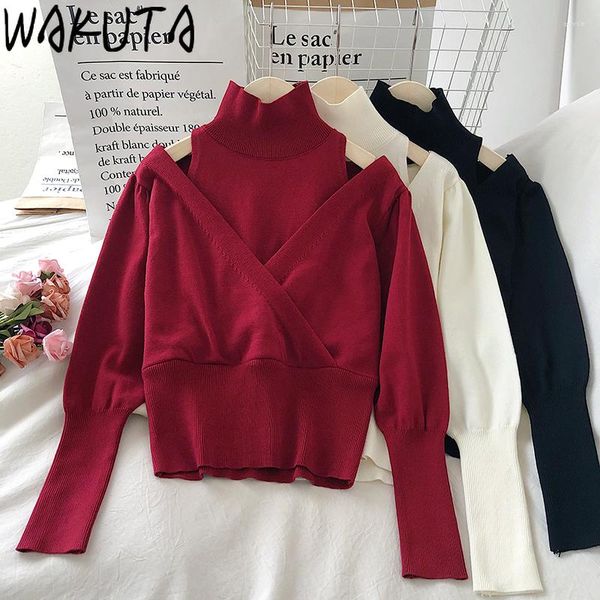 Pulls pour femmes WAKUTA col haut évider Sexy épaule froide pull court femmes élégant mince couleur unie pulls en tricot automne hiver 4