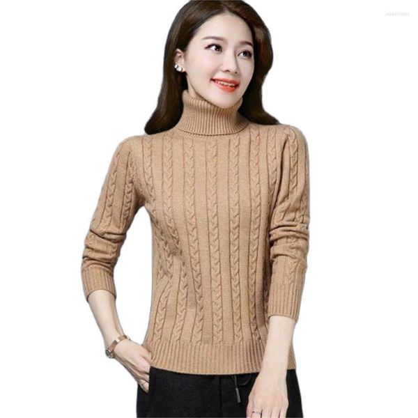 Pulls pour femmes chaud automne hiver tricoté couleur unie mince à manches longues femmes col roulé torsion dame hauts pullover élastique femme pulls