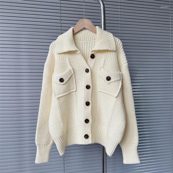 Pulls pour femmes Cardigans de couleur blanche pour femmes manteau tricoté épais poches d'hiver à la mode manches longues pulls surdimensionnés Tarf Y2k