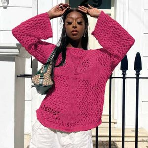 Pulls pour femmes Blanc Creux Out Crochet Pull Femmes Automne Hiver O-Cou Chaud Tops Y2K Femme Manches Longues Lâche Vêtements TricotésBNZE