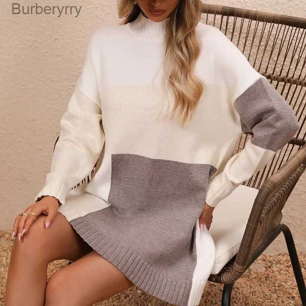 Suéteres de mujer Prendas de punto blancas Vestido largo de suéter para mujer Otoño Invierno Color Block Jumper Tops Manga larga Cuello falso Jerseys cálidos Suéteres 2023L231011