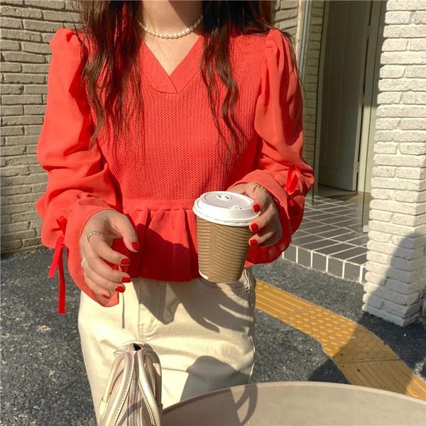 Suéteres de mujer, jersey blanco de manga larga, suéter con parche de gasa con lazo, Tops elegantes de otoño, jersey de ocio para mujer