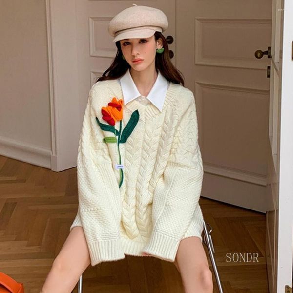 Pulls pour femmes Blanc Pull surdimensionné Crochet à la main Crochet Floral Femmes Col V Pulls épais Chaud Hiver Pulls de haute qualité