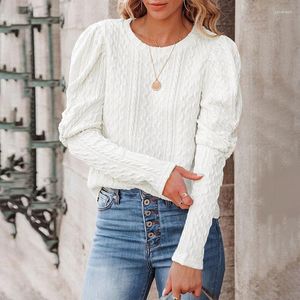 Pulls pour femmes blanc couleur unie manches bouffantes texturé haut en tricot à manches longues col rond pull pour l'hiver