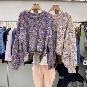 Pulls pour femmes en gros style coréen épais aiguille couleur pull tricoté haut tout assorti occidental lâche lanterne manches recadrée pull