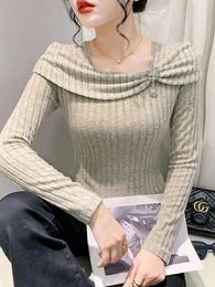 Damestruien Winsleter Elegante basiskleding Trui met lange mouwen Trui Herfst Winter Dames Off-shoulder Metaal Gebreide slanke tops