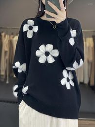 Women's Sweaters Winter 3D Jacquard Round Neck Colored Woolen Sweater Long Sleeve Pullover Loose VersatileCasual Knitted Coat