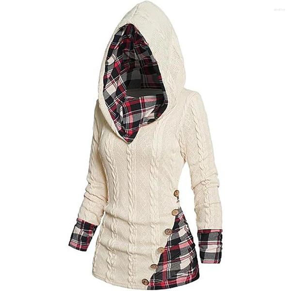 Suéteres de mujer invierno otoño moda Cable trenzado tejido a cuadros estampado Patchwork con capucha suéter botón fruncido chal cuello pulóver