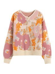 Damestruien Winterkleding Vrouwen 2022 Zange mouw Bloem Jacquard gebreide knop Up ronde nek losse casual pullover trui jumperwome