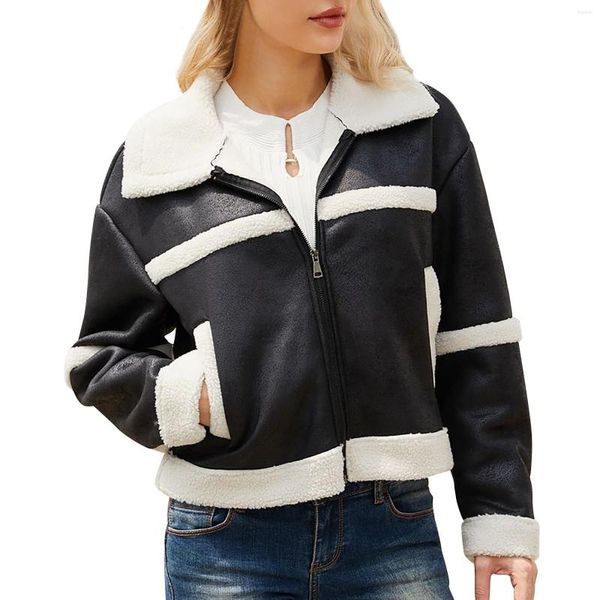 Pulls pour femmes Manteau d'hiver Manteau à revers Col à manches longues en cuir rembourré Veste à capuche en polaire Femmes et vestes en denim uni pour