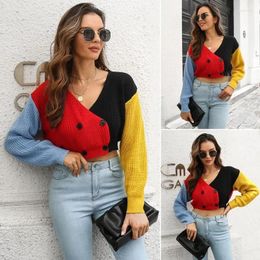 Dames truien winter gebreide trui dikke jassen herfst crop top jumper dames dubbele knop patchwork contrast kleur vest 2023