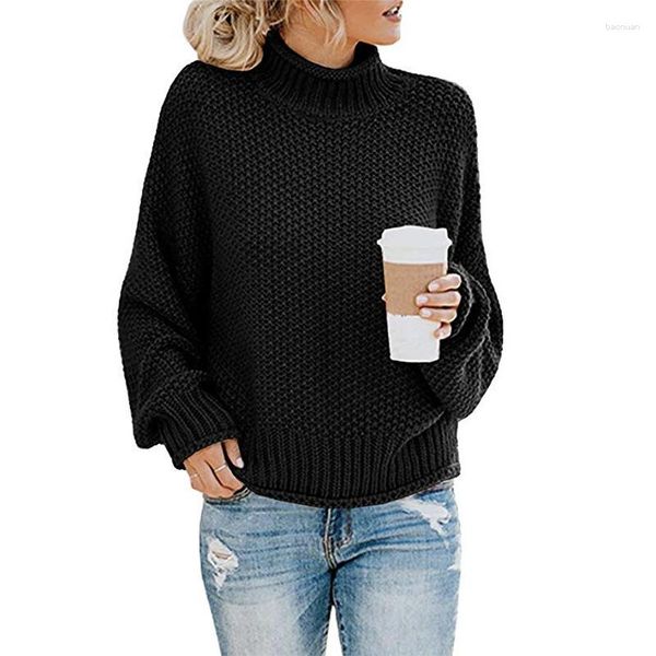 Suéteres de mujer Invierno Tallas grandes 3XL Cuello alto de manga larga Jersey suelto de moda Tops de color sólido Abrigo Wenter Negro Gris Rojo