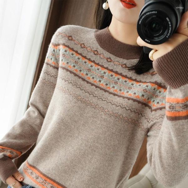 Suéteres para mujer Suéter de lana pura de invierno Mujeres Medio cuello alto Jacquard Punto Jerseys Tamaño grande Color-Bloque Cashmere Tops cálidos