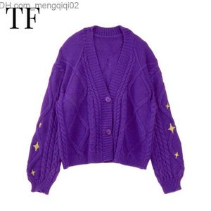 Chandails féminins Cardigan Purple Cardigan Star féminin Broidered Sweater Limited Edition Handmade Triped Cardigan lor Speak Vintage Now Sweater Top Z230814
