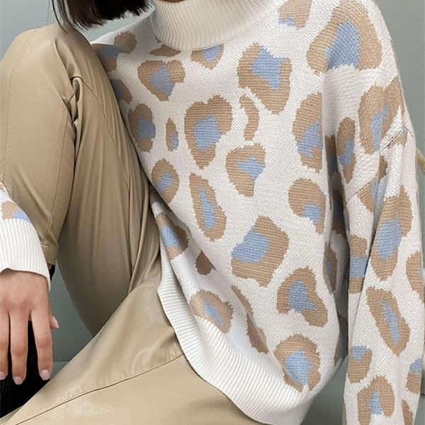 Pulls pour femmes Pull d'hiver Pull imprimé léopard Animal Basic Blanc Col roulé Oversize Jumper Vintage Chaud Tricoté pour les femmes 220916